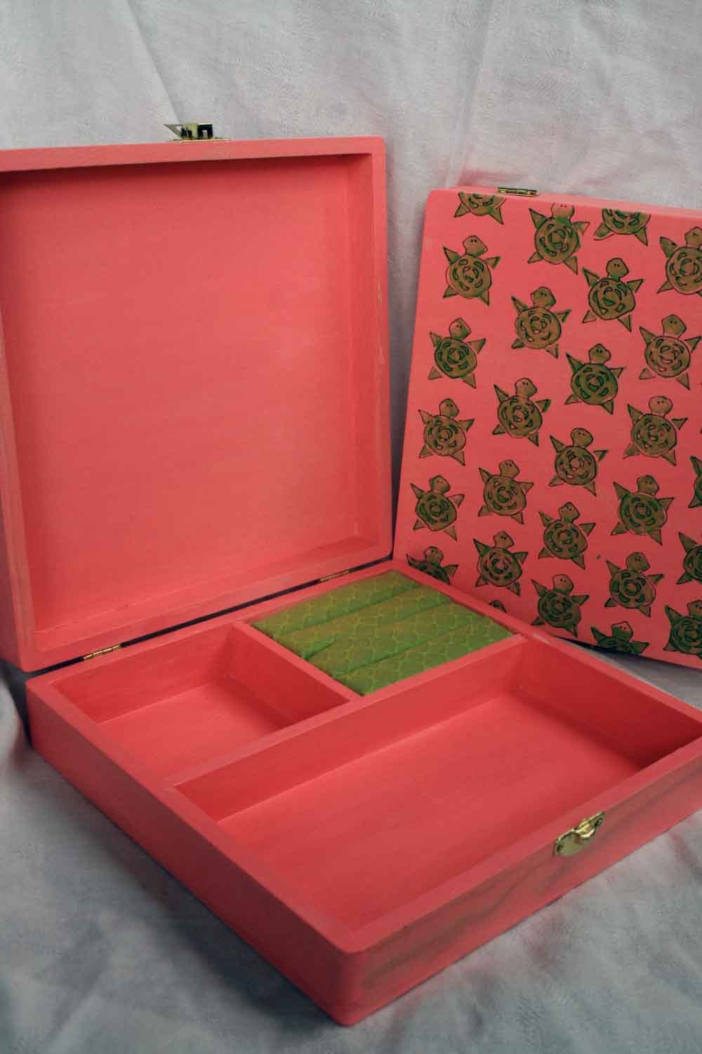 Handpainted Wooden Jewelry Box- Pink and Green Turtle Pattern