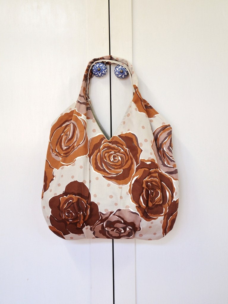 ONLY ONE Handmade Large Tote bag brown roses / beach bag/ travel bag/ diapers bag/ shopping bag / mothers day gift