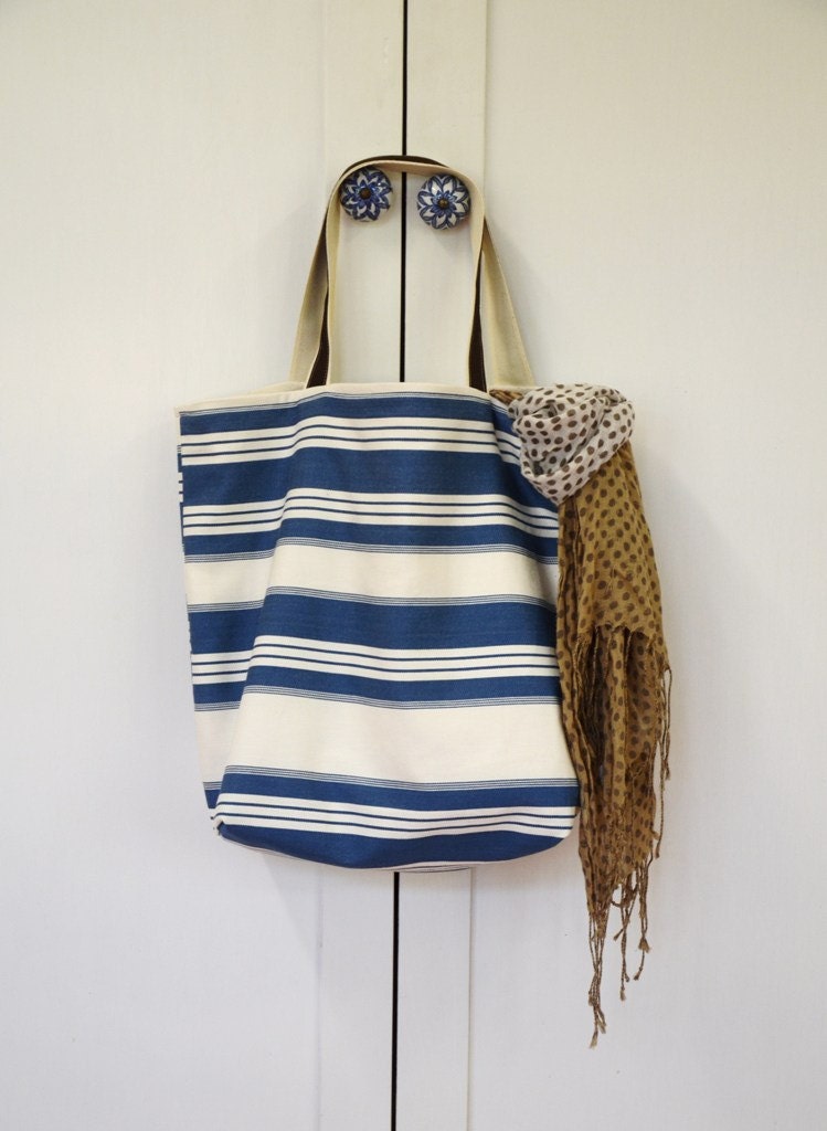 Handmade Large Tote bag in Blue stripes / beach bag/ travel bag/ diapers bag/ shopping bag / mothers day gift