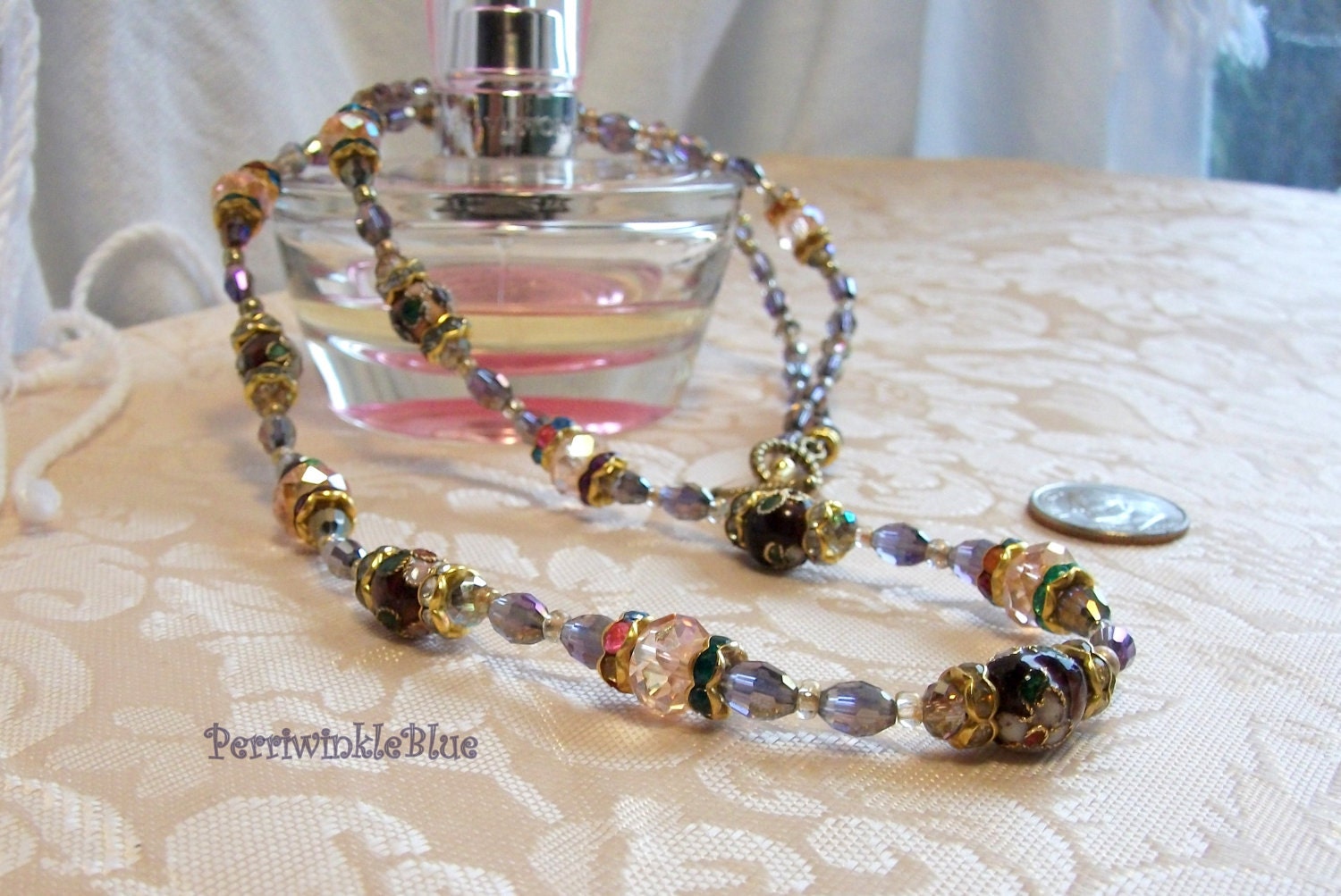 Romantic Old World Necklace, Cubic Zirconium, Sparkling Violet Crystals and Burgundy Cloisonne