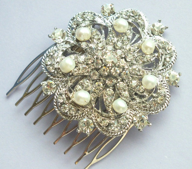 Gardenia - Silver Vintage Style Rhinestone and Freshwater Pearls Hair Comb