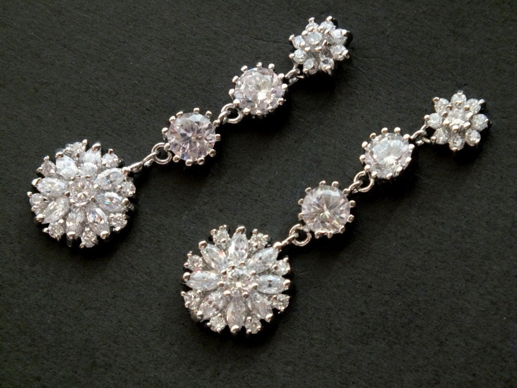 Chrysanthemum Dazzle - Cubic Zirconia Bridal Earrings