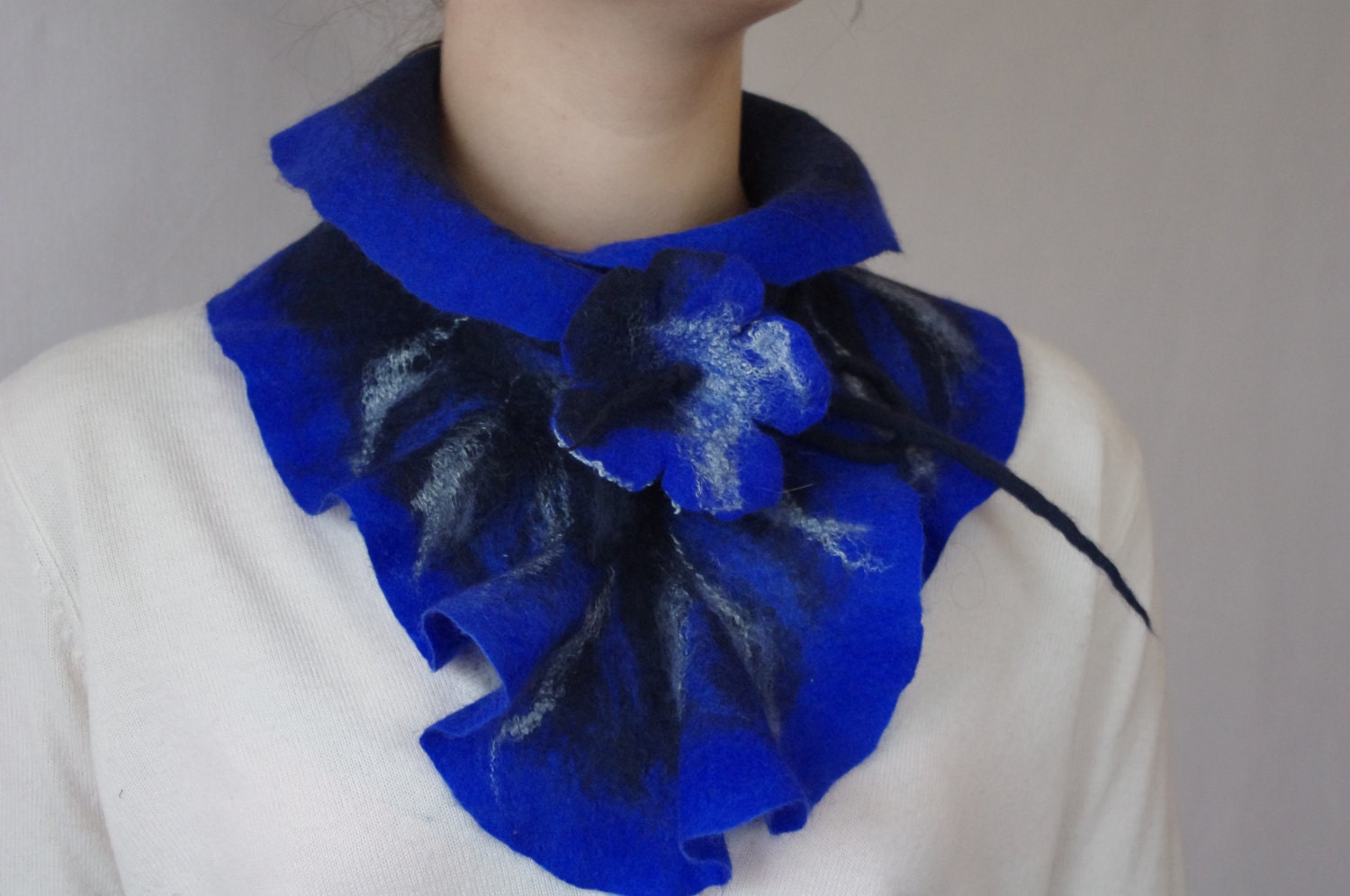Felted Ruffled Scarf  Wavy Collar Neck Warmer -Royal Blue and Black - LaimaFelts