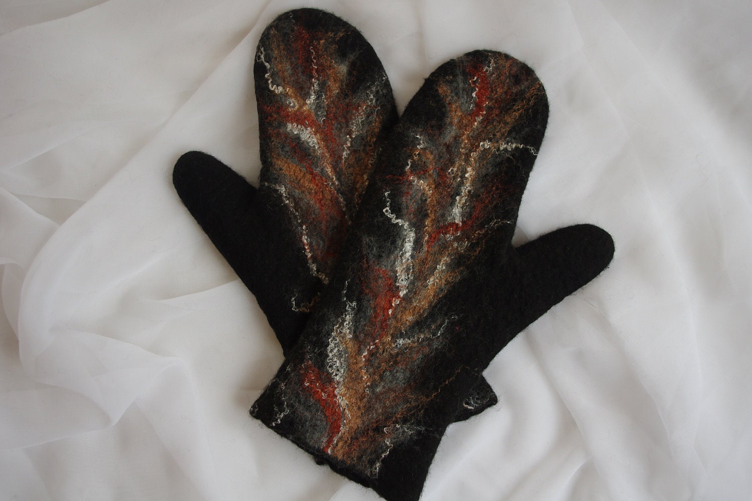 Felted Mittens - Black Gray Brown