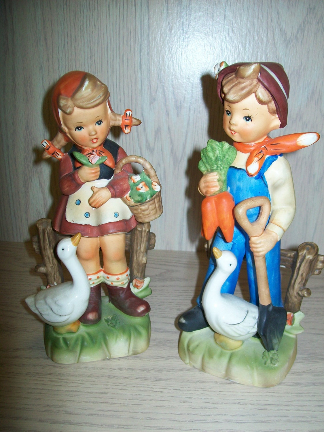 Erich Stauffer Figurines Boy Gardening & Girl Flower Basket wity Goose 9" Tall