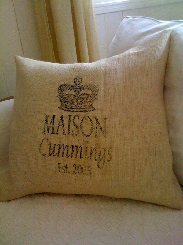 Burlap Pillow Cover - Personalized Name and Date 20" x 20"
