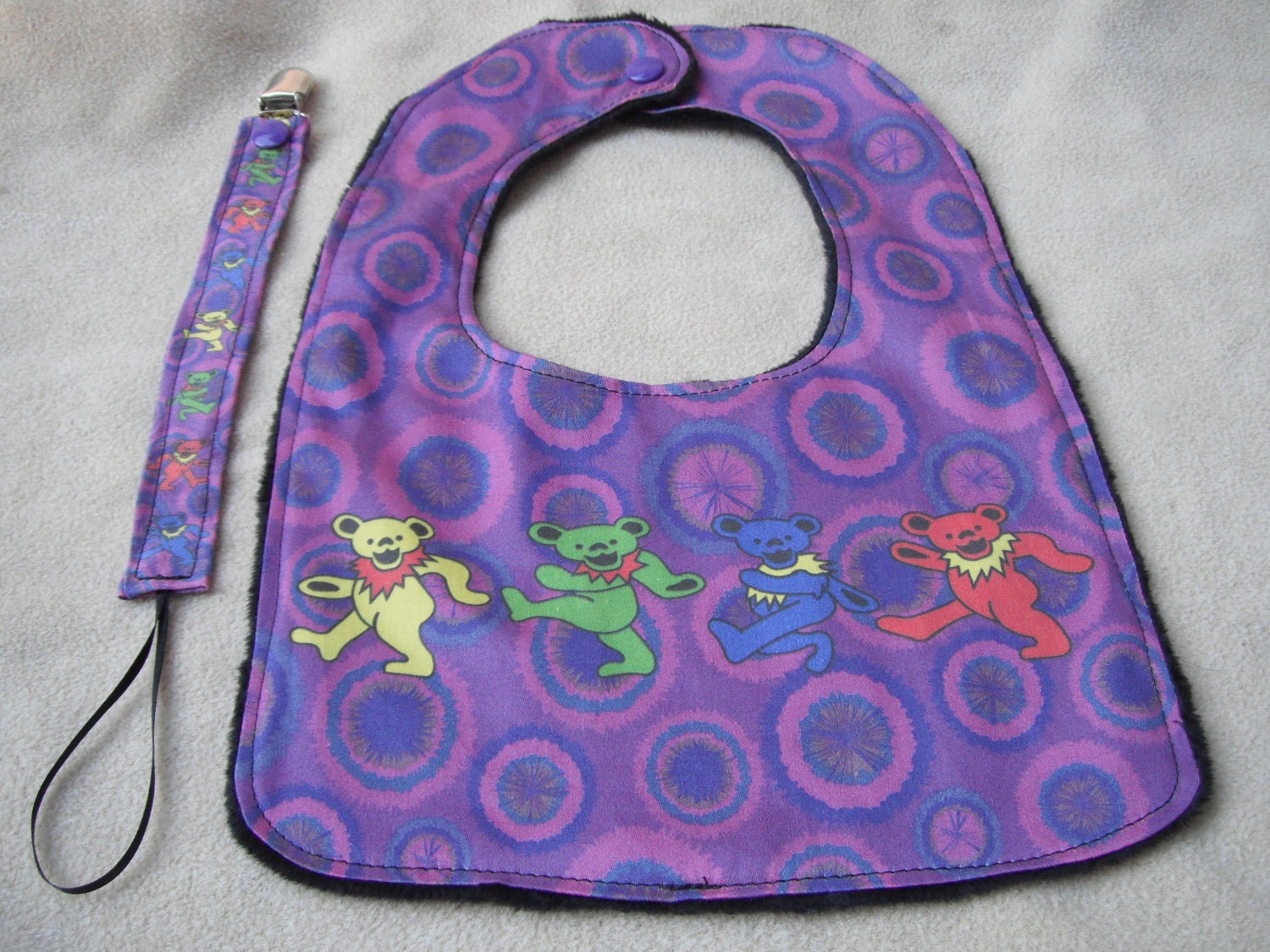 2 Pc Baby Gift Set Baby Bib and Pacifier Clip -  Purple Tie Dye Dancing Bears Grateful Dead