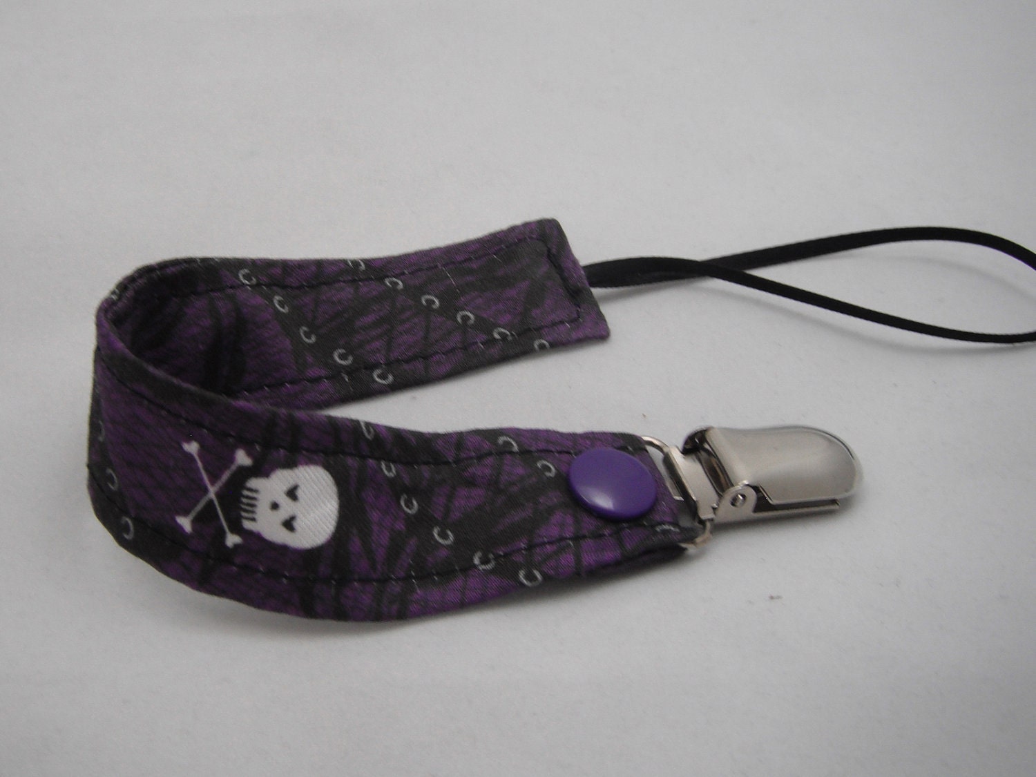 Fabric Pacifier Clip - Purple and Black Gothic Lace with White Skull Print - Universal Soothie Nuk Mam Gumdrop Avent