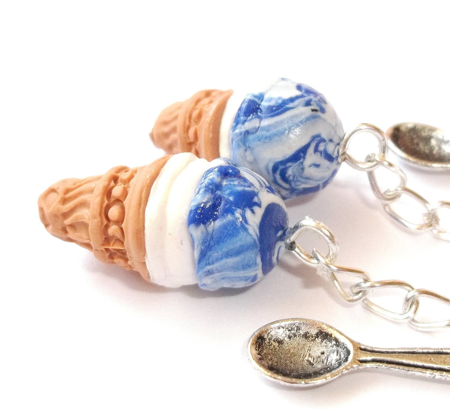 Earrings Blueberry Ice Cream Cones with Silver Spoons, Polymer Clay