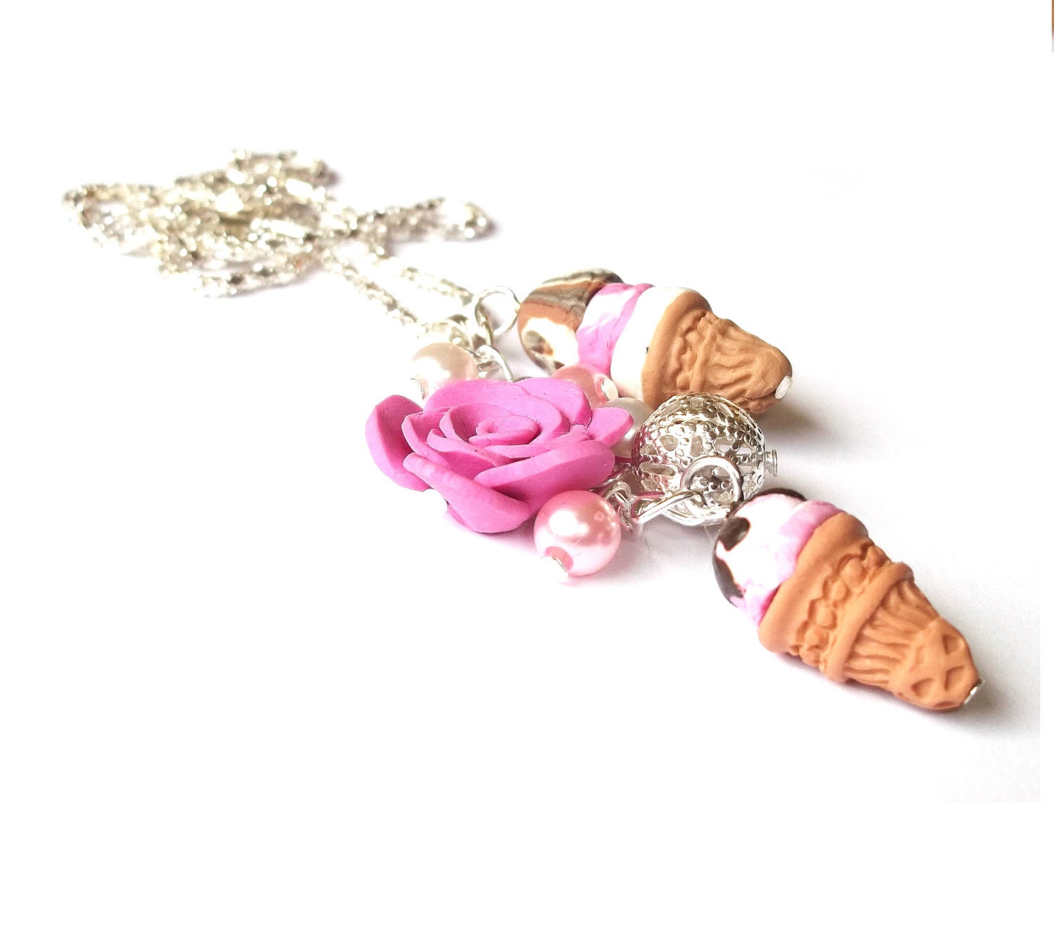 Funky JewelrySilver Necklace with Pink Rose, Raspberry, Chocolate Vanilla Ice Creams Flavours. Food Miniatured Polymer Clay.