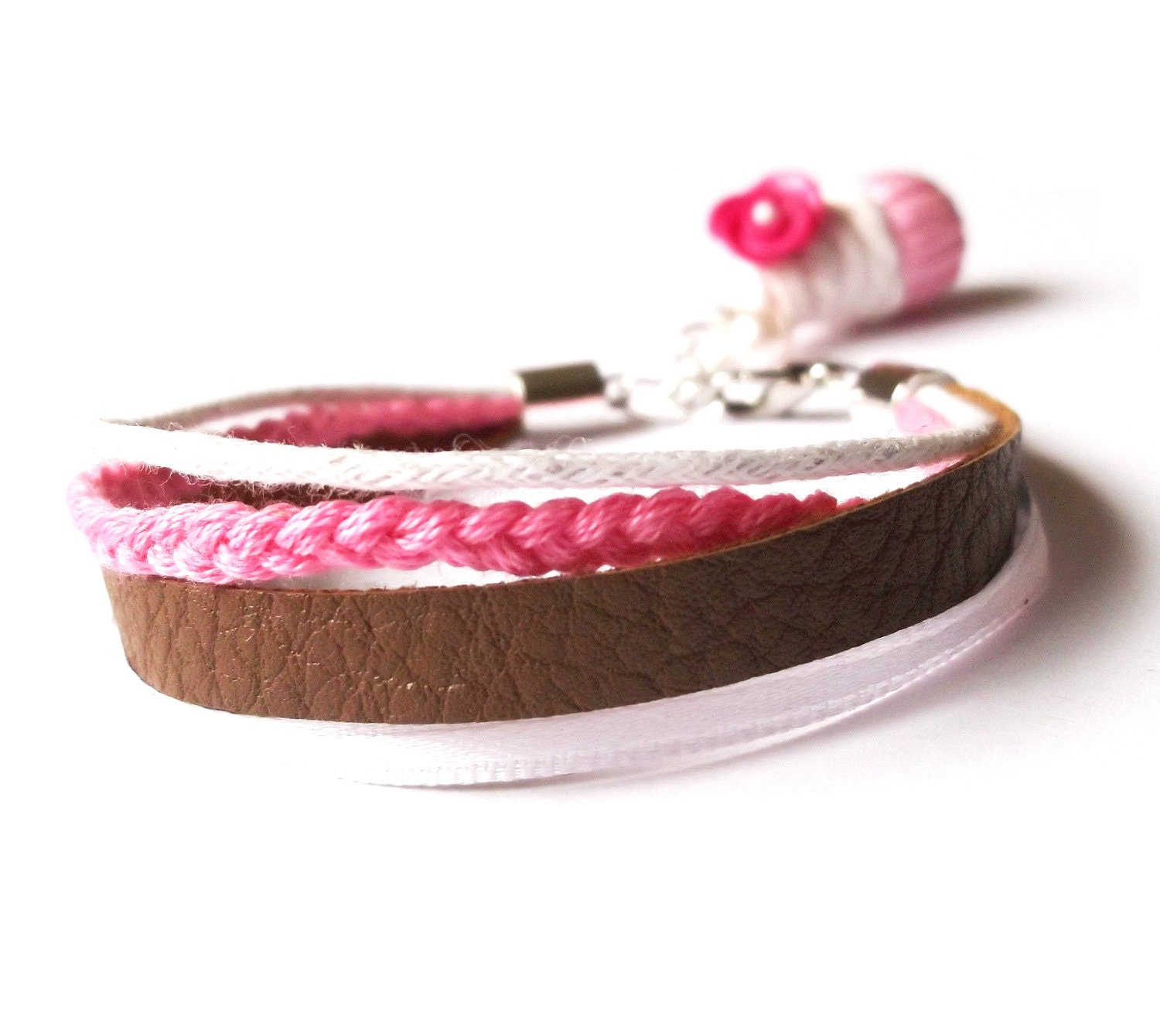 Handmade Bracelet Funky Jewelry Braided Cords with Leather Bracelet in Shades of Pink, Brown and White, with Raspberry Cupcake and Rose.