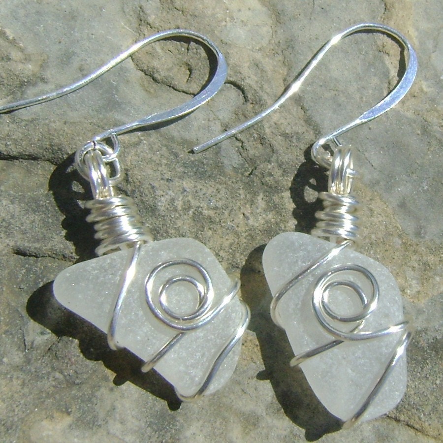 Sea Glass Earrings: White Wire Wrapped Seaglass Earrings