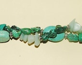 Natural Turquoise and Stone Double Strand Bracelet - Genuine Turquoise Nuggets, Stone, and Swarovski Crystal Pearls