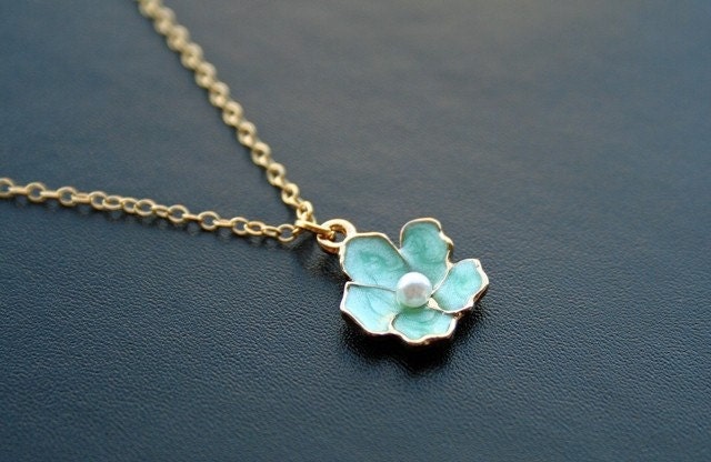 Aqua Sakura Flower Necklace in Gold. Bridesmaid Necklace. Bridesmaid Gift. Wedding Gift. Bridal Jewelry. Gift for Her. Gift under 20.