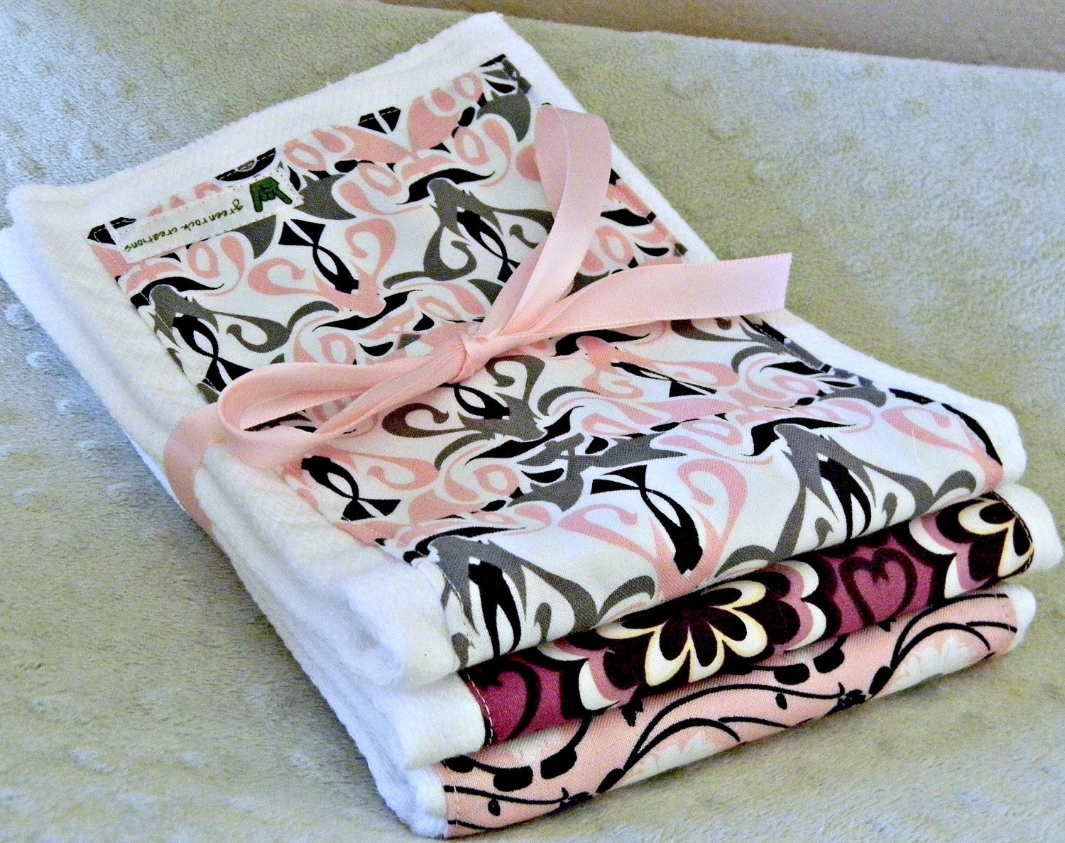 Baby girl burp cloths - pink, grey, purple - bundle of 3