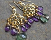 Chandelier Earrings with Amethyst and Green Quartz, Gold Peacock Feather Dangle Earrings, Gemstone Dangle Earrings