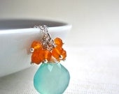 Aqua Chalcedony and Carnelian Necklace, Handmade Gemstone Sterling Silver Necklace, Seafoam and Orange Gemstone Necklace