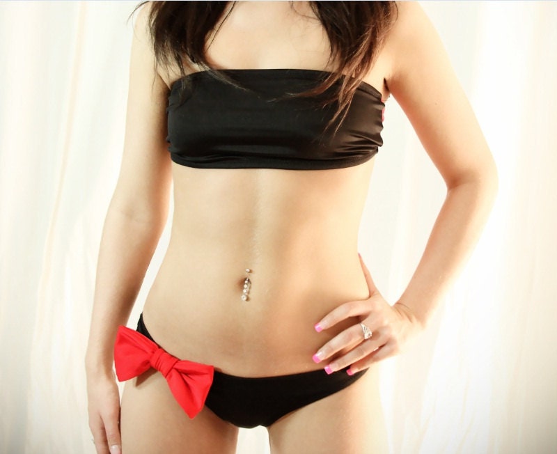 Red Bow retro bikini black swimsuit