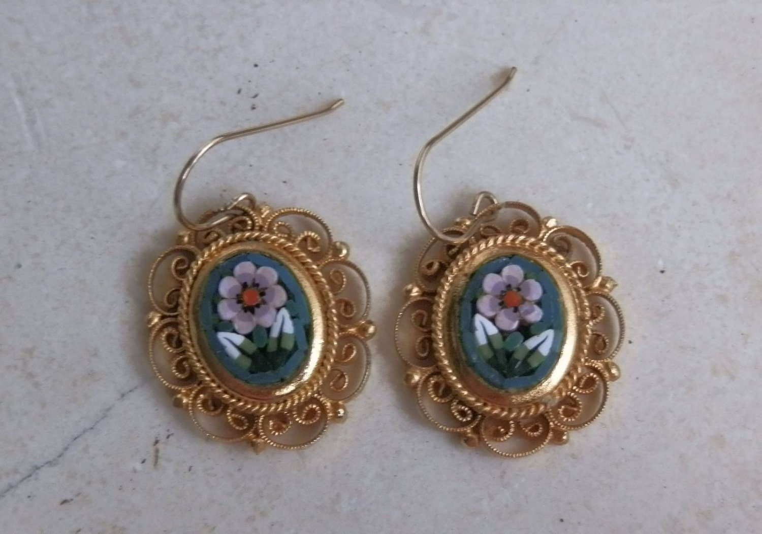 Vintage Micro Mosaic Filigree Pink Daisy Earrings 14K Gold Filled Wires
