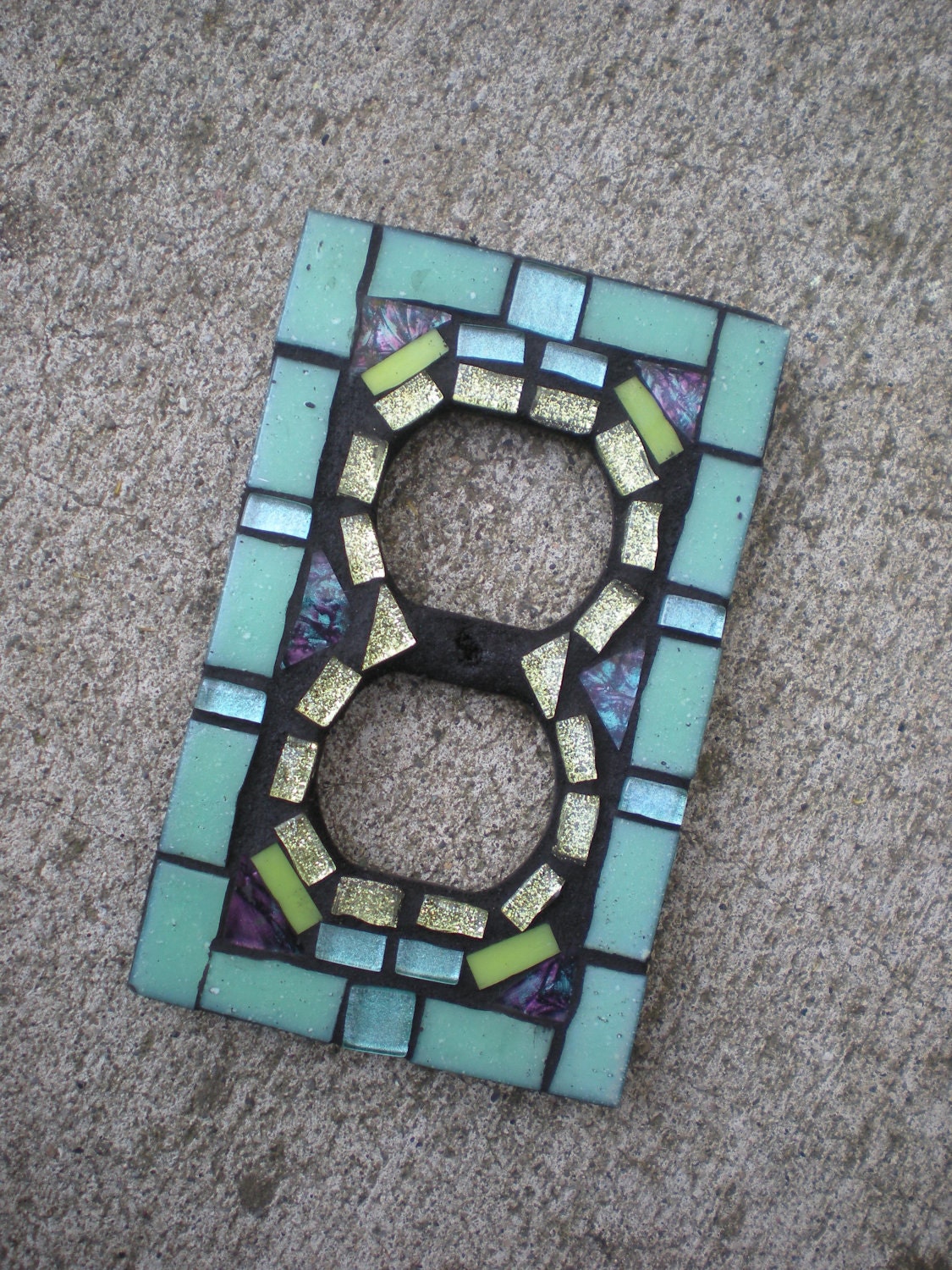 Mosaic Outlet Cover in Aqua and Lime Glass- Stained Glass