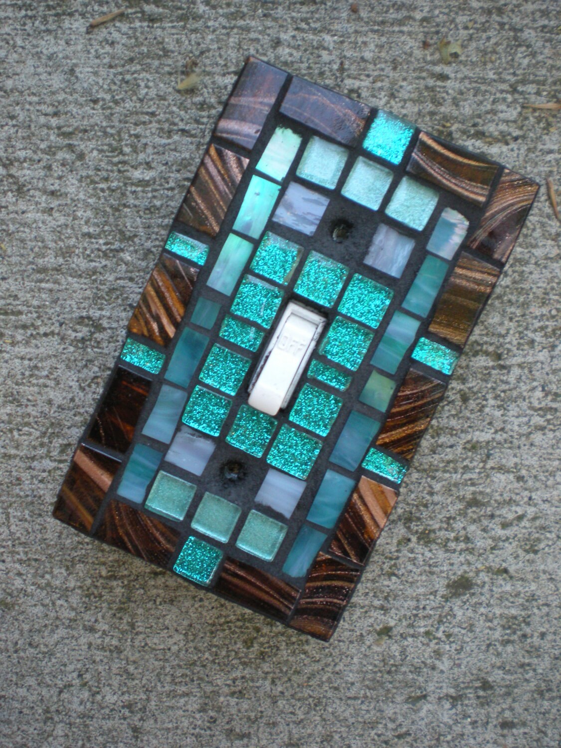 Mosaic Light Switch Cover - Bronze and Teal Stained Glass Switchplate