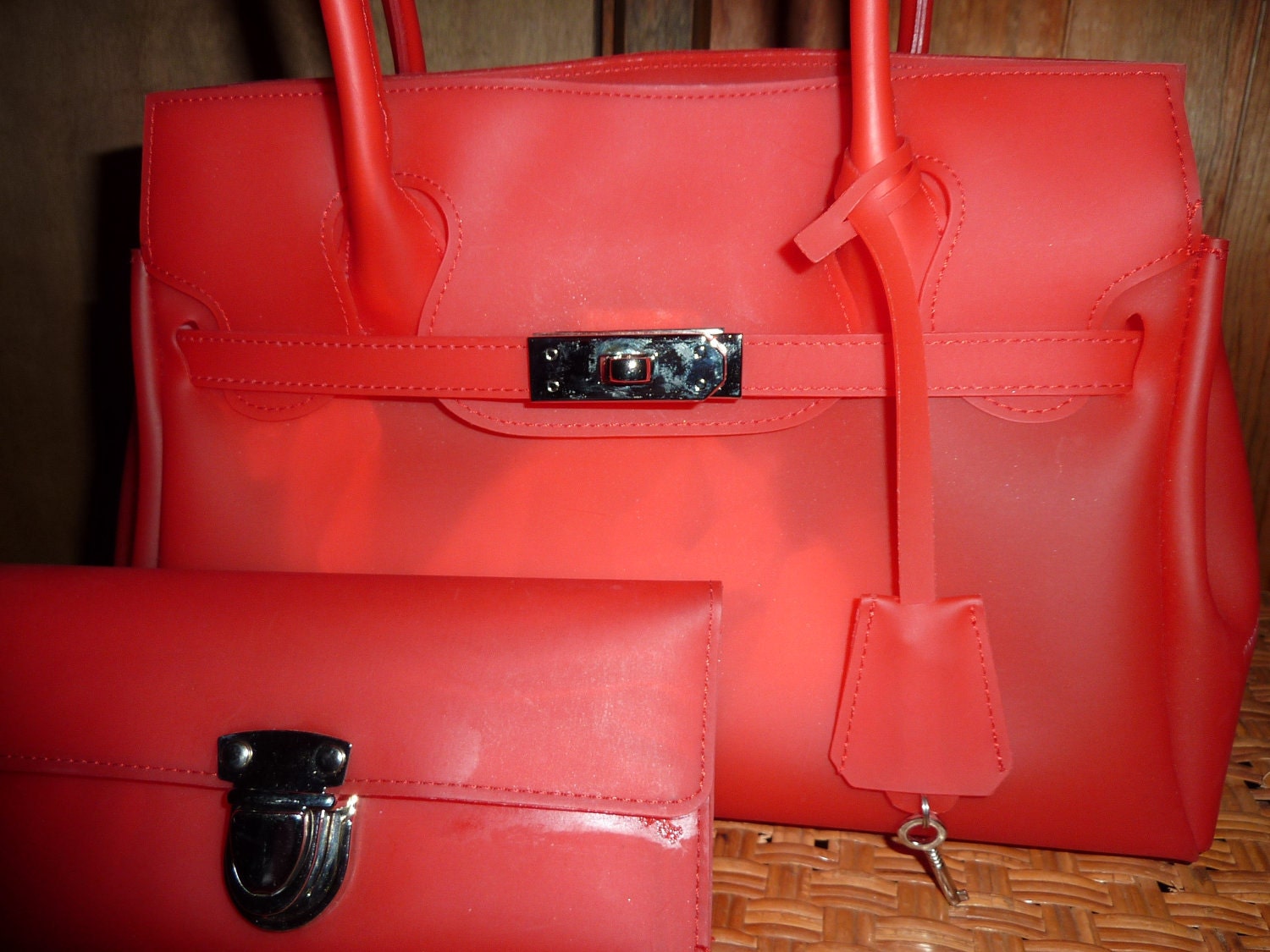 HERMES Birkin Style Jelly Kelly Handbag with Matching Checkbook Wallet Cherry Red Vtg Excellent Condition Minty