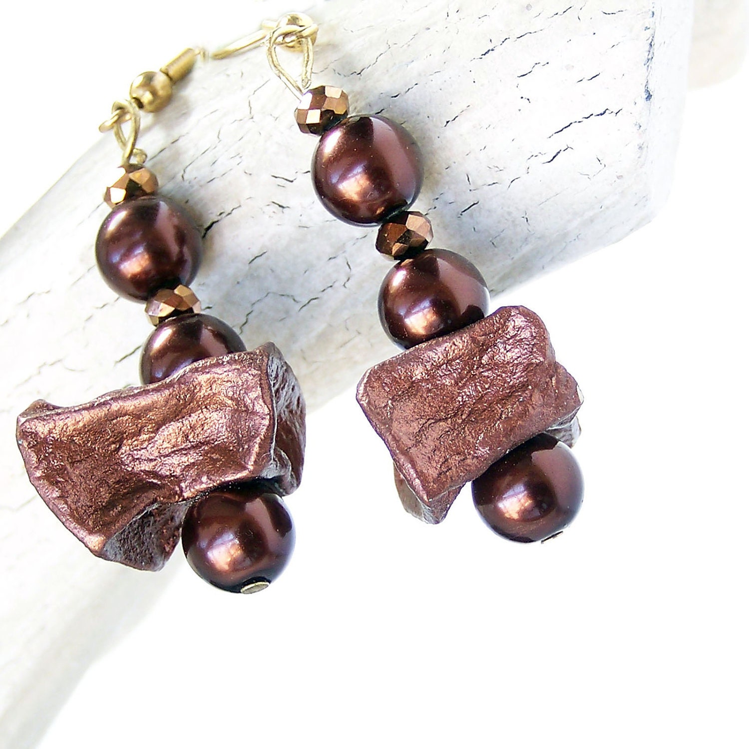 Earrings Potato Bead and Brown Pearl Dangle