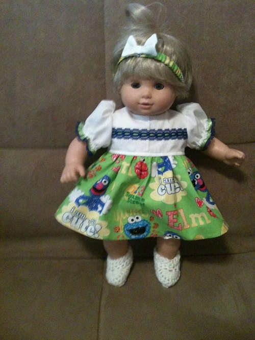 15 inch doll (modeled by Bitty Baby) Sesame Street dress, bloomers, headband and booties