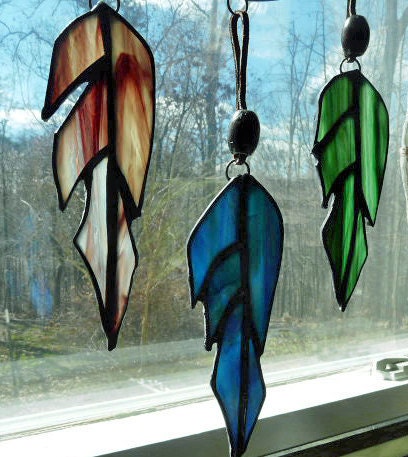 Stained Glass Suncatcher / Unique Panel - Native American Inspired - Earthy Colors - Glass Feathers hang on beaded Suede - Large 13 inches