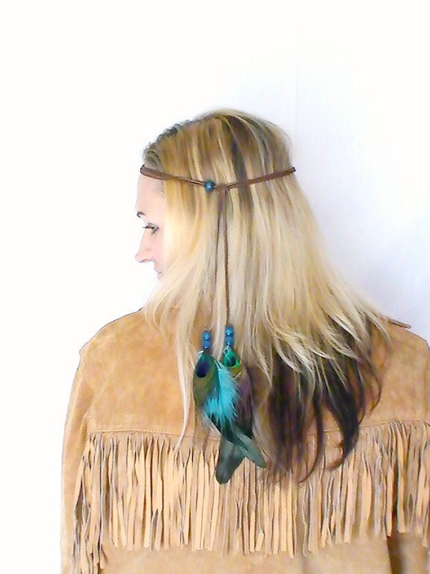 Boho Headband Necklace Aqua Turquoise Blue Peacock Feathers Extensions Hippie Style Unisex Summer Festival