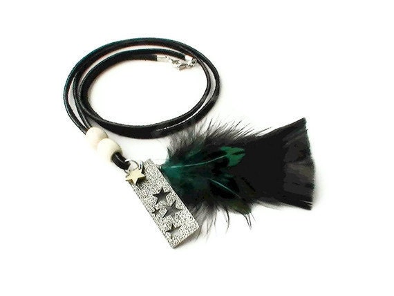 Boho Feather Necklace Turquoise Black Stars Hippie Jewelry Celestial