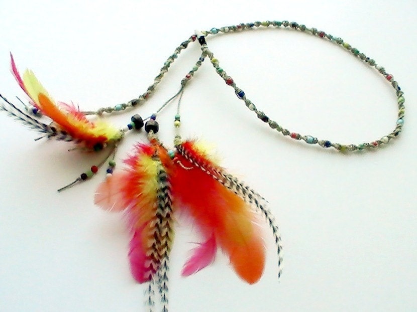 Hippie Headband  Feather Extensions Boho Braided Crown Orange