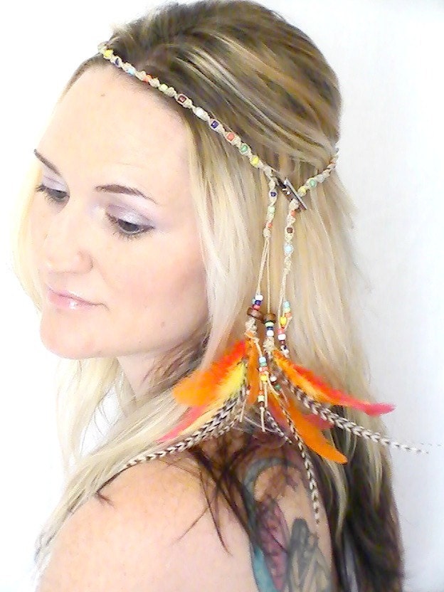 Hippie Headband  Feather Extensions Boho Braided Crown Orange