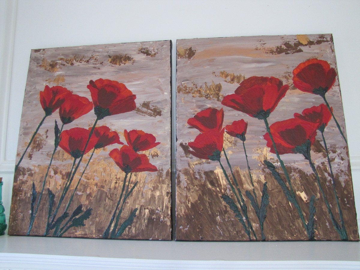 Commission Earthy Poppy Gold and Red Diptych Scene