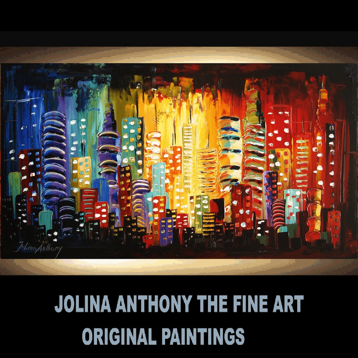 City in the night Original textured 48" ready to hang palette knife abstract painting from Jolina Anthony