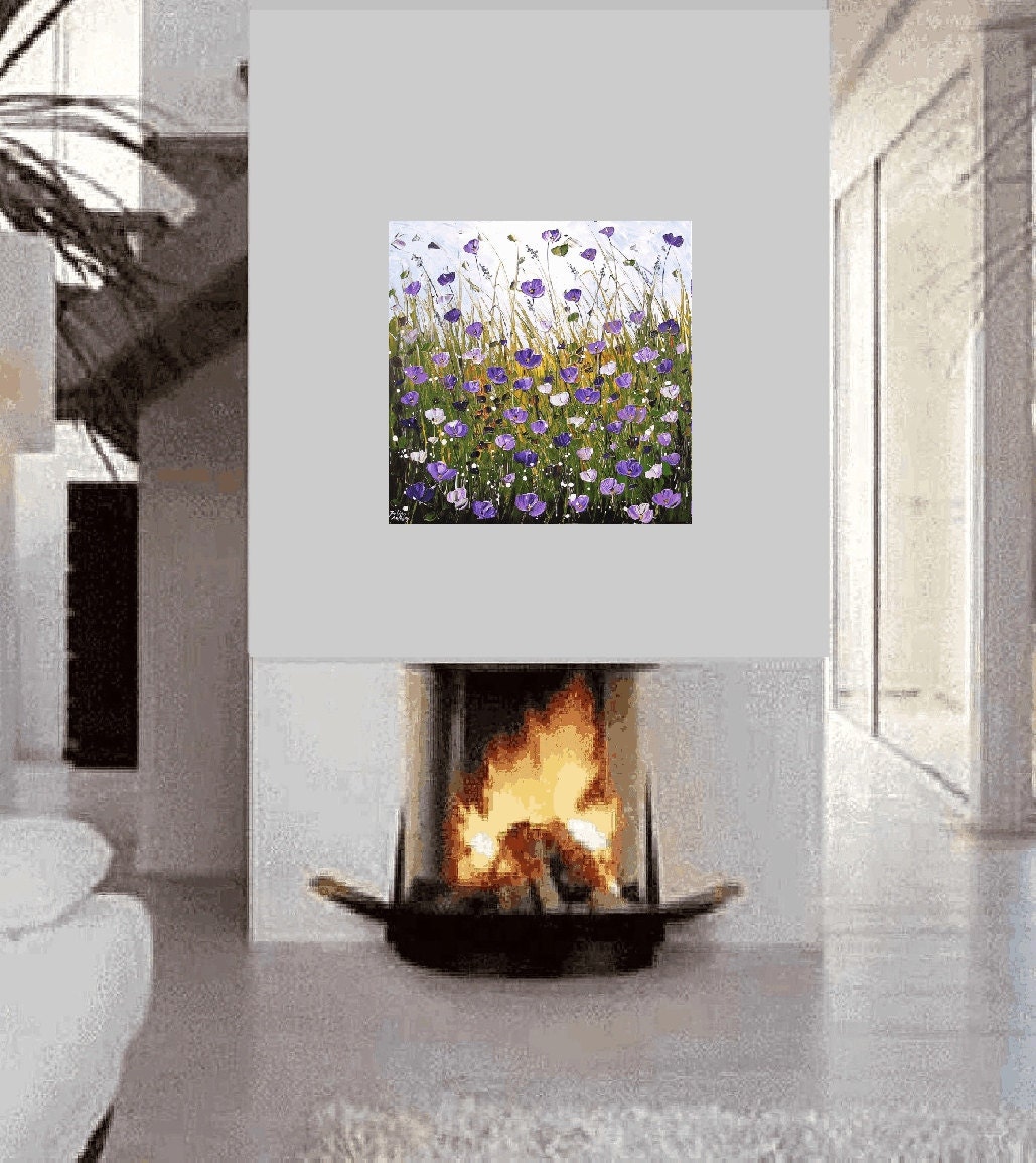 36"x36" original wilde white,violet textured poppis from listed artist jolina anthony gallery back wrap stretched canvas