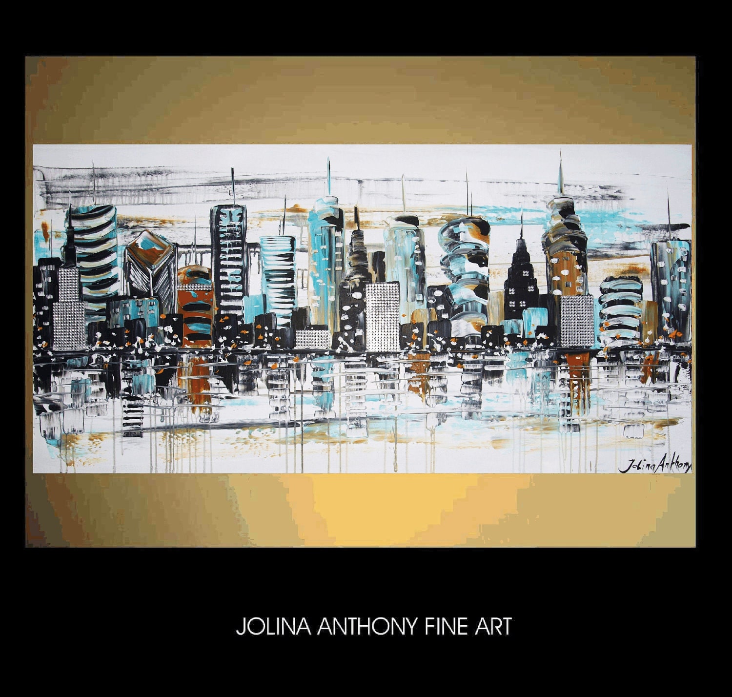 48" large original Luxus glitter 3 D Collage City Mixed Media Painting from jolina anthony gallery back wrap stretched canvas