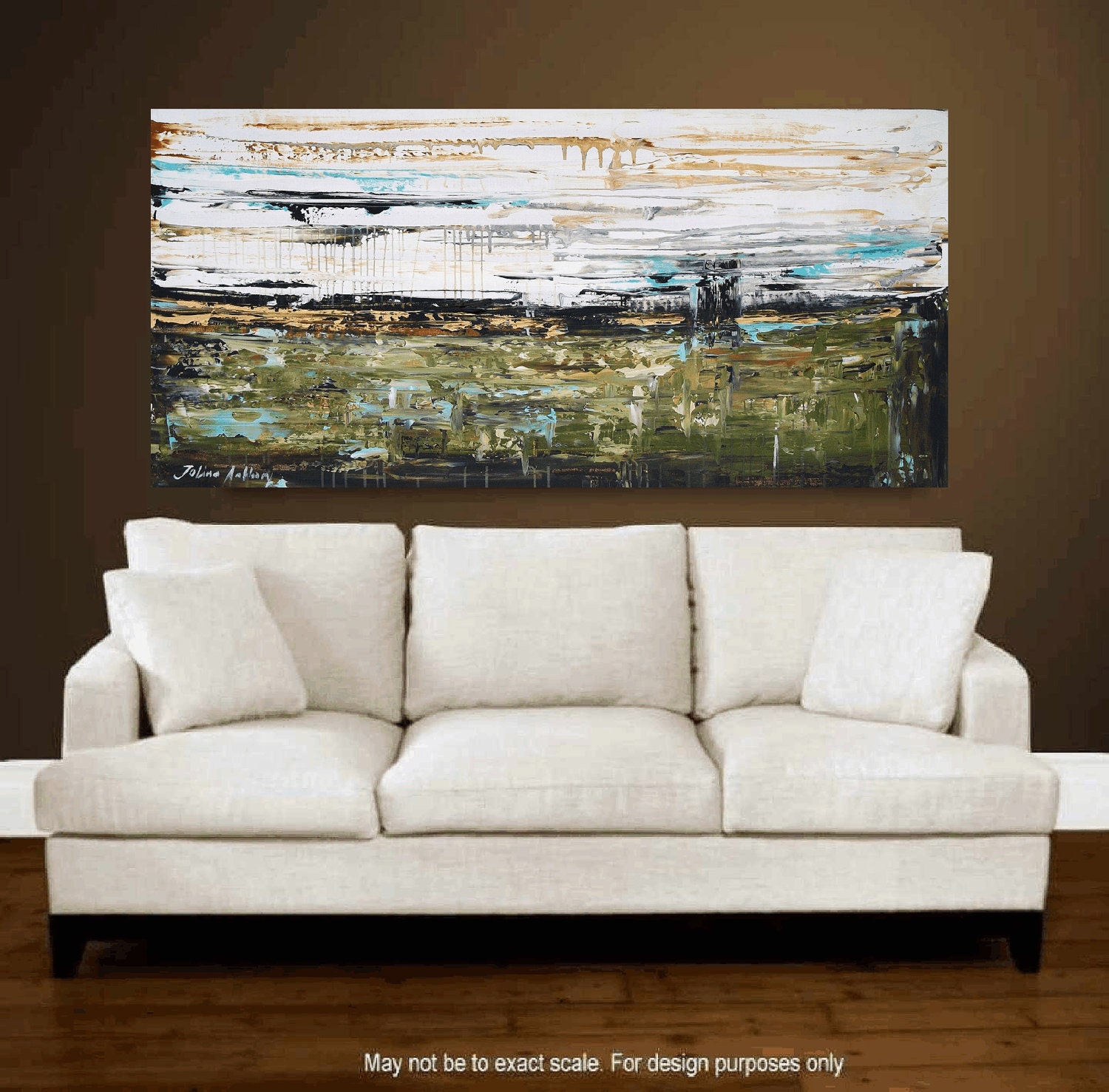 48" original green olive,,gold,creme abstract painting from listed artist Jolina Anthony fast shipping