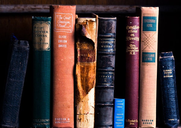 color vintage books print - for a bookworm still life photo home library orange fine art - 11x14 print