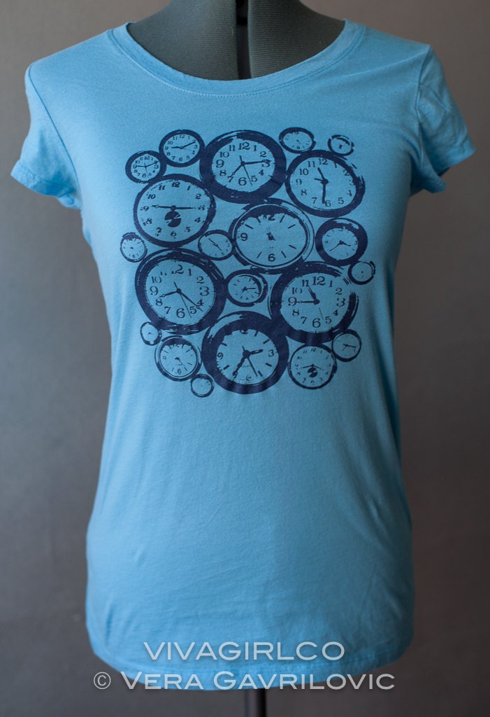 LIGHT BLUE Hand Screen Printed T-Shirt:  TIME - Form Fitted Size Large