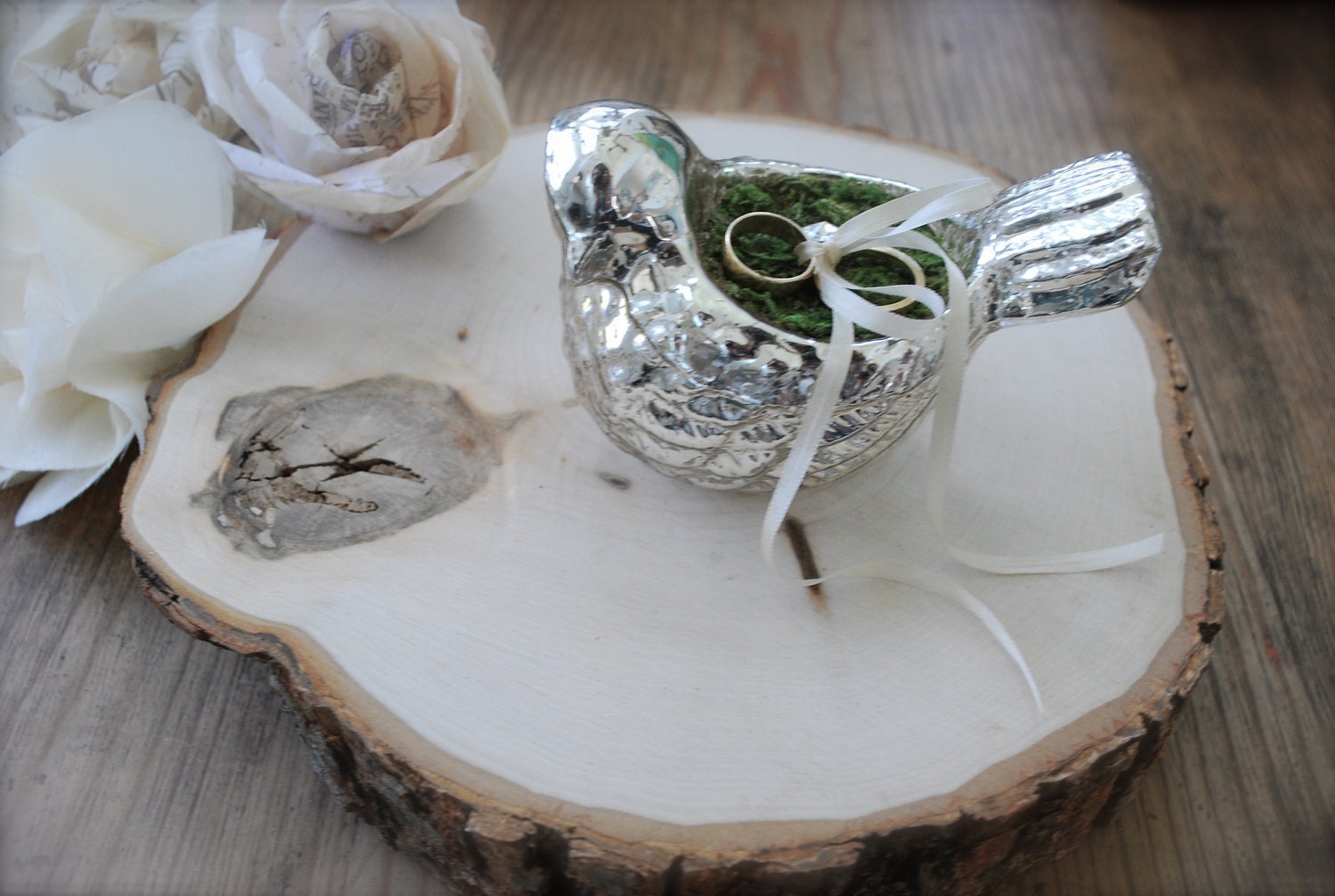 Ring bearer pillow birds nest, burlap, moss, silk ivory ribbon, mercury glass, rustic wedding decor