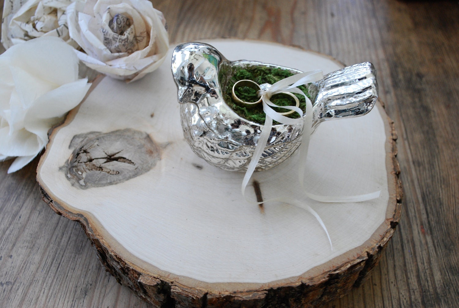 Ring bearer pillow birds nest, burlap, moss, silk ivory ribbon, mercury glass, rustic wedding decor