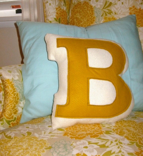 Personalized Children Decor Initial Letter Pillow of Mustard Yellow Appliqued Eco Friendly Felt - B is for Bat
