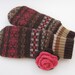 Felted Wool Mittens Fleece Lined Brown Camel and Salmon Rose Fair Isle