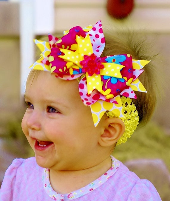 yellow hair bow...lovely baby hairbow ...a great headband forinfants, toddlers, and big girls...yellow and pink baby bow...infant head band