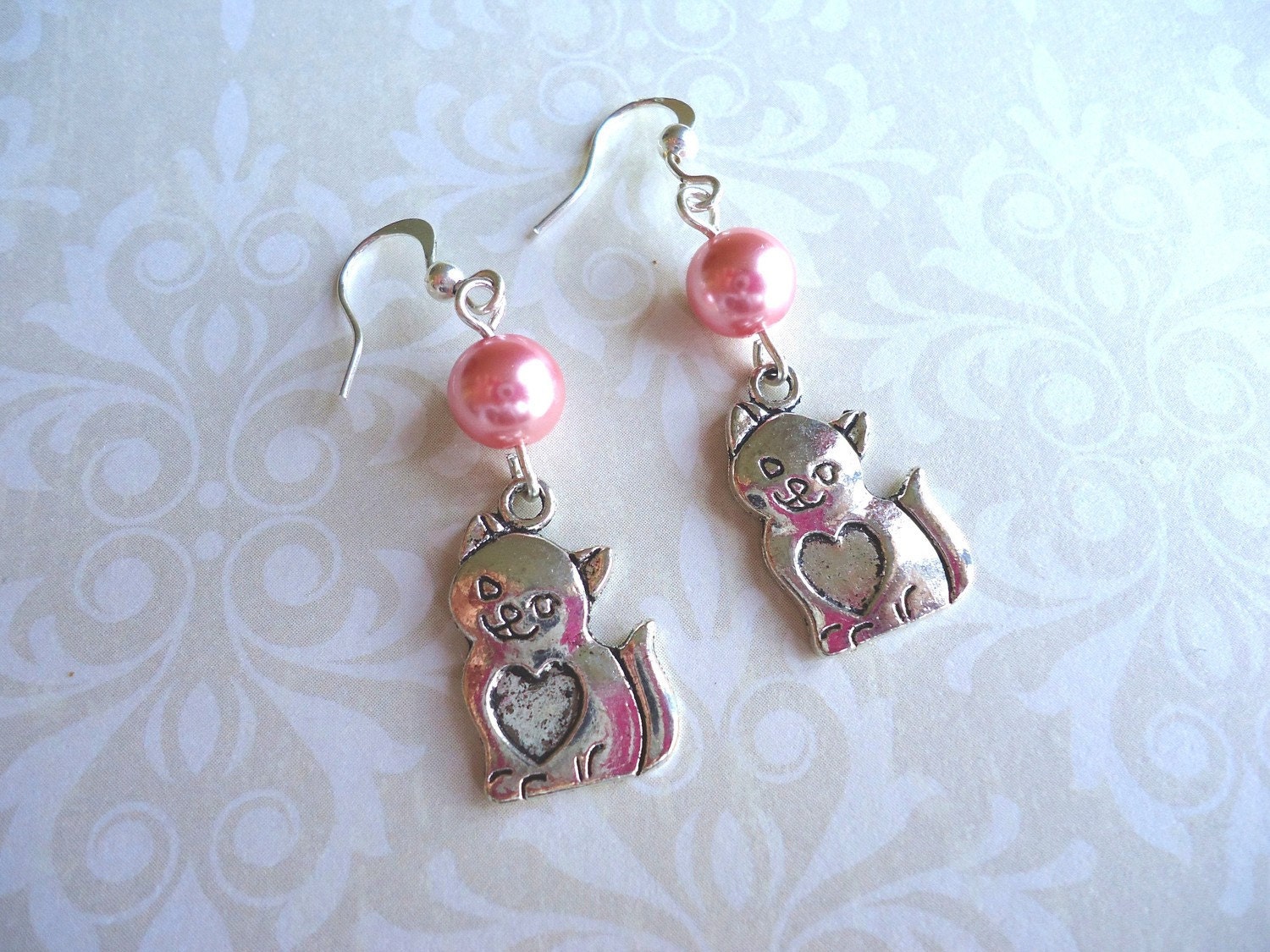 Cat Earrings, Cat Jewelry, Cat, Pink Glass Pearl, Bead Earrings