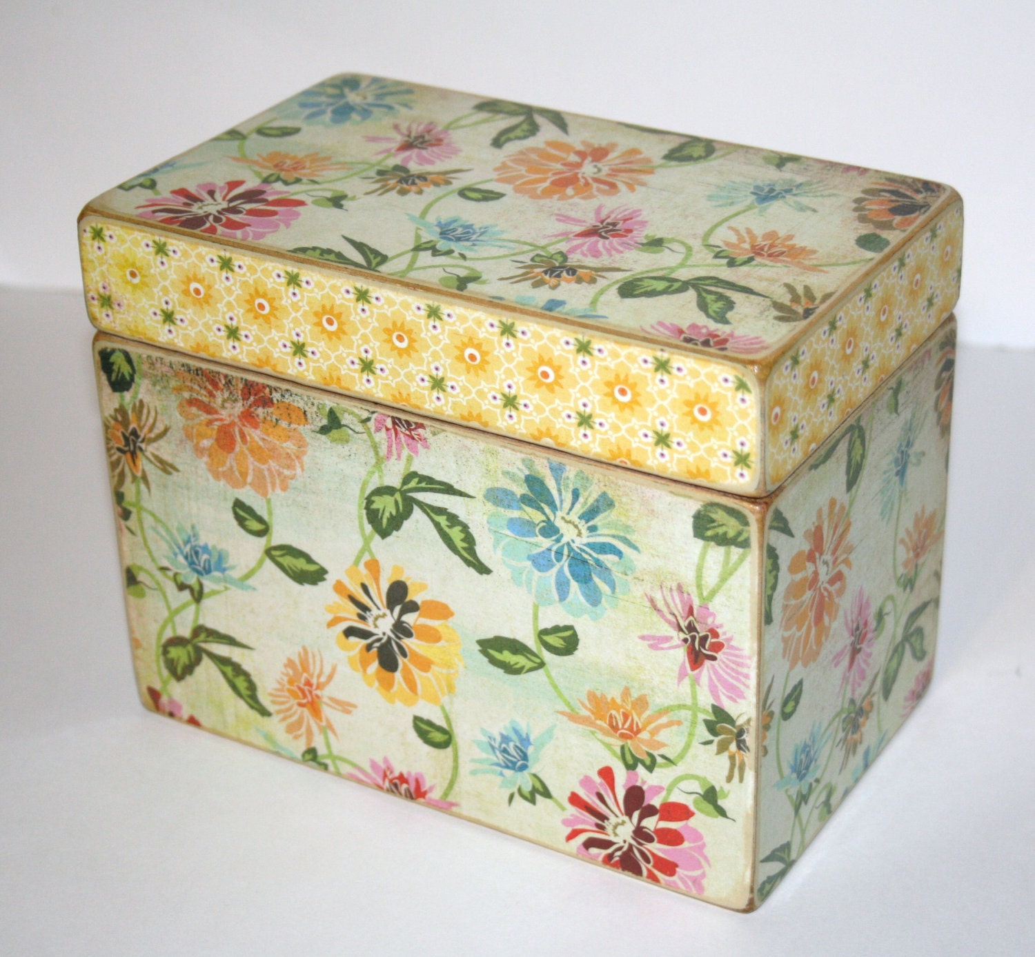 Recipe Box - Yellow Farmhouse Floral Handmade 4x6 Wooden Recipe Box or Wedding Guest Book Box