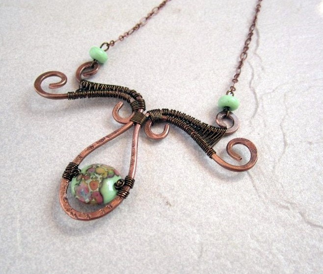 Wire Wrapped Grasshopper Green Lampwork Necklace Set
