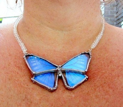 Real Butterfly Jewelry, Blue Morpho, Clear Faceted Crystal Necklace
