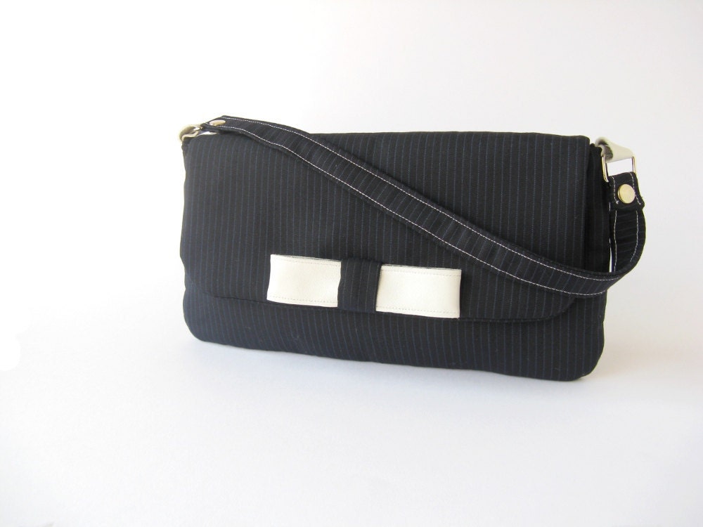 Dark grey striped CLUTCH BAG with white leather bow